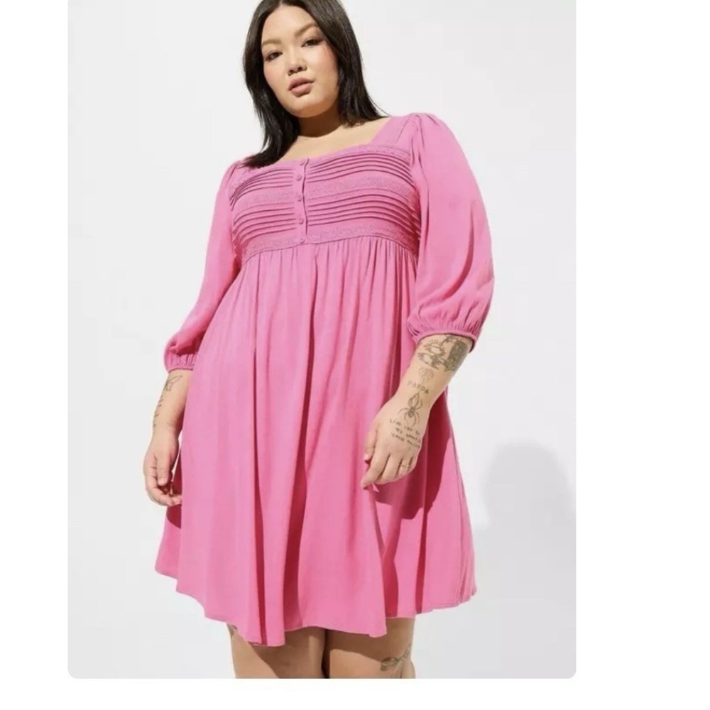 Torrid Pink Rayon Slub Pintuck 3/4 Sleeve Skater Dress‎ Size 1X Pockets